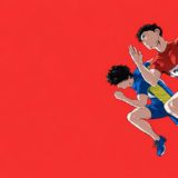 赤い背景を走る二人のランナーのイラスト